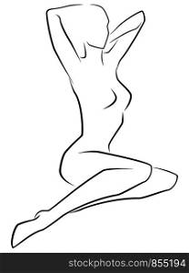 Abstract graceful lady sitting in beautiful pose, raising her hands behind her head, hand drawing outline