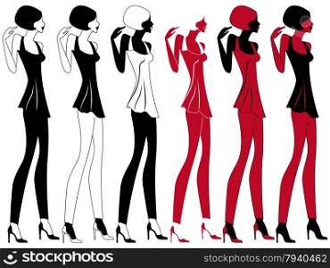 Abstract graceful model in shoes with high heels, vector artwork in six different embodiments