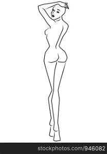 Abstract graceful woman turned to look back with slimness body isolated on the white background, hand drawing outline