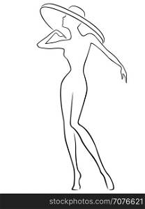 Abstract graceful women standing and posing in wide-brimmed hat, hand drown vector outline