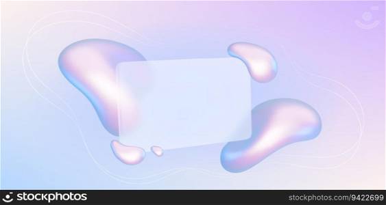 Abstract gradient background with glass card and liquid holographic shapes. Glass morphism concept with blank transparent banner and fluid shapes, vector 3d illustration. Abstract gradient background with glass card