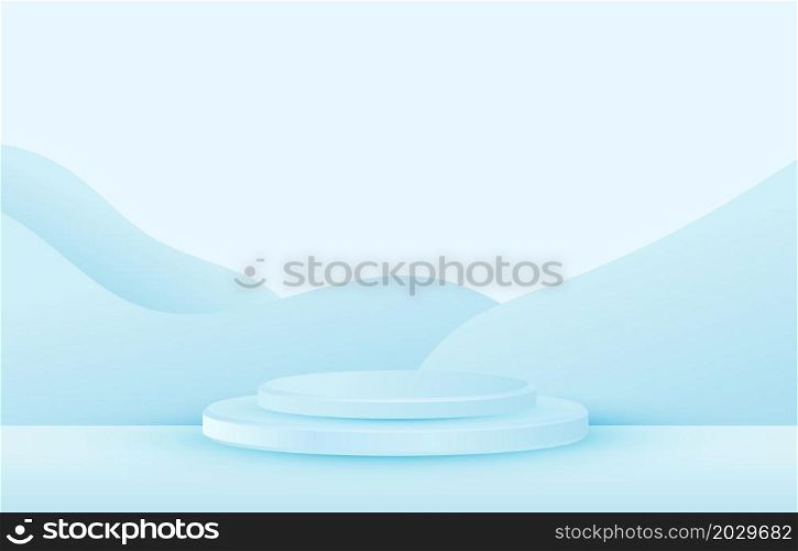 Abstract gradient blue pastel design template artwork of 3d show case stand template. Minimal style for standing product background. Illustration vector