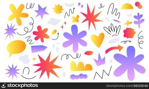 Abstract gradient shapes sticker pack. Funky flower, bubble, star, squiggle, arrow in trendy style. Vector illustration isolated on white background.