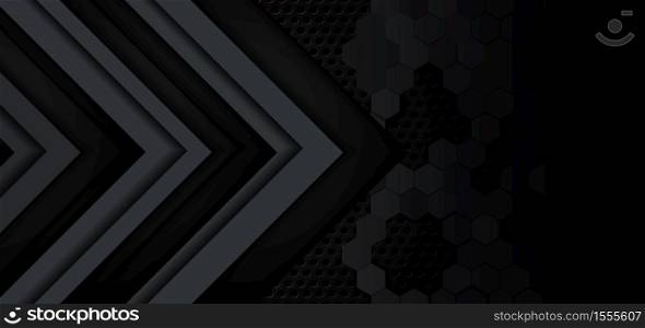 Abstract gray and black arrow glossy metal direction on dark hexagon mesh pattern design background. vector illustration.