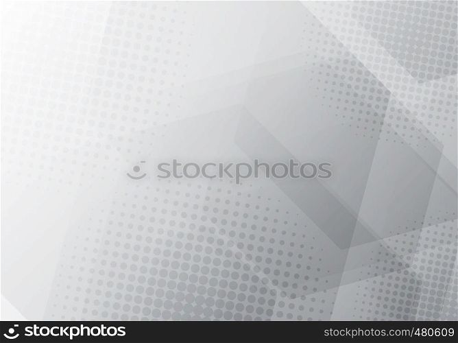 Abstract gray and white geometric hexagons overlapping background with radial halftone. Vector illustration