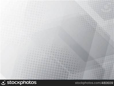 Abstract gray and white geometric hexagons overlapping background with radial halftone. Vector illustration