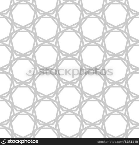 Abstract gray complicated hexagons on white, geometric seamless pattern. Gray complicated hexagons on white, geometric seamless pattern