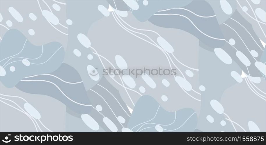 Abstract gray modern seamless pattern with color blots and wavy lines and dots. Flat vector background for wallpapers, fabrics and your creativity. Abstract gray modern seamless pattern with color blots and wavy lines and dots. Flat vector background
