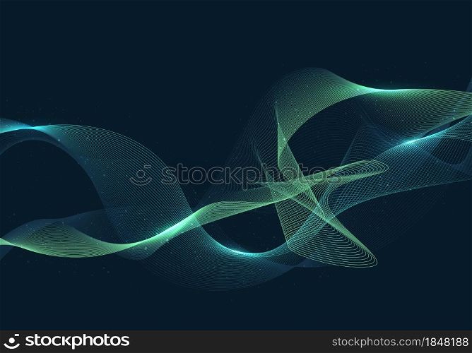 Abstract green and blue wave or wavy lines particles with lighting technology concept on dark blue background. Vector illustration