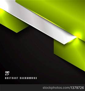 Abstract green and silver metallic metal geometric overlapping layer on black background. Technology style. Vector illustration