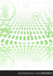 Abstract green background with a grid of distorted squares reflected in a polished surface