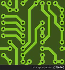 Abstract green background with conductor on computer circuit board. Vector illustration. Seamless pattern.