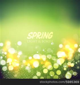 Abstract green bokeh background . Abstract spring defocused background. Green bokeh. Summer blurred meadow. Vector illustration