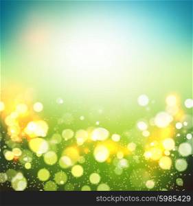 Abstract green bokeh background . Abstract spring defocused background. Green bokeh. Summer blurred meadow. Vector illustration