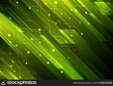 Abstract green diagonal stripes and circuit on dark background technology digital futuristic concept. Vector illustration