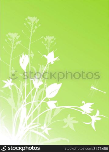 abstract green floral background with tulips and dragonfly