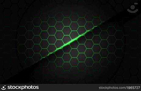 Abstract green hexagon mesh line light slash shadow on grey design modern futuristic technology background vector illustration.