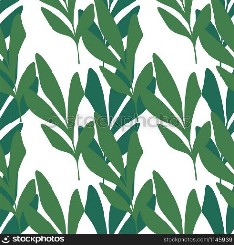 Abstract green leaf seamless pattern for fabric design on white background. Simple tropical leaves foliage wallpaper. Design for fabric, textile print, wrapping paper. Vintage vector illustration. Abstract green leaf seamless pattern for fabric design on white background.