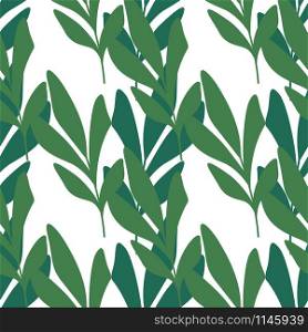 Abstract green leaf seamless pattern for fabric design on white background. Simple tropical leaves foliage wallpaper. Design for fabric, textile print, wrapping paper. Vintage vector illustration. Abstract green leaf seamless pattern for fabric design on white background.