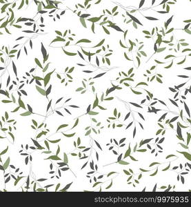 Abstract green leave or foliage on white background. Hand drawn elements brances in natural summer seamless pattern. Art decorative organic botany environment concept. Fresh garden vector illustration