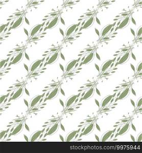Abstract green leave or foliage on white background. Hand drawn elements brances in natural summer seamless pattern. Art decorative organic botany environment concept. Fresh garden vector illustration