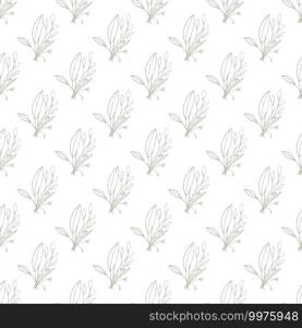 Abstract green leave or foliage on white background. Hand drawn elements brances in natural summer seamless pattern. Art decorative organic botany environment concept. Fresh garden vector illustration