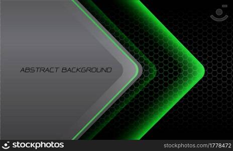 Abstract green light arrow glossy direction on dark hexagon mesh pattern with grey metallic blank space design modern futuristic background vector illustration.