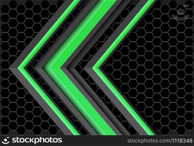 Abstract green light grey arrow direction on dark metallic hexagon mesh design modern futuristic technology background vector illustration.