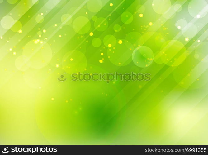 Abstract green nature bokeh blurred background with lens flare and lighting. Vector illustration