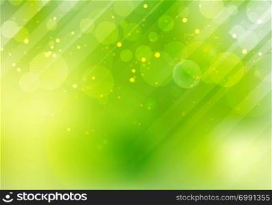 Abstract green nature bokeh blurred background with lens flare and lighting. Vector illustration