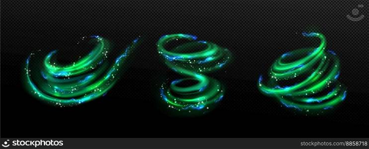 Abstract green swirls set with blue lightning discharges png isolated on transparent background. Realistic vector illustration of spiral vortex with neon sparkles. Magic power effect, design element. Abstract green swirls set with lightning effect
