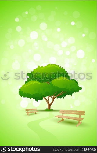 Abstract Green Tree Background with Bench