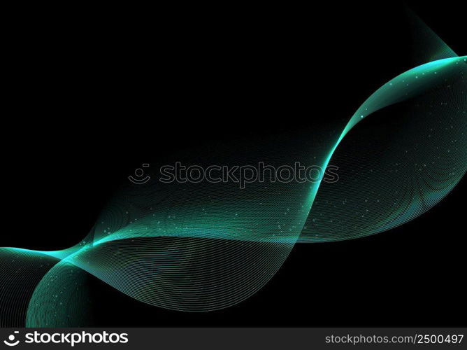 Abstract green wave or wavy lines glow light effect with particles on black background. Vector illustration