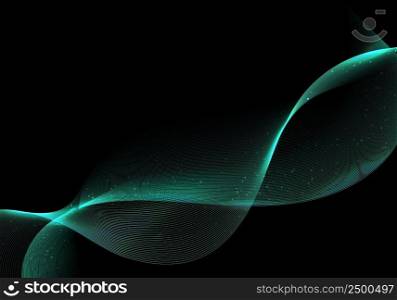 Abstract green wave or wavy lines glow light effect with particles on black background. Vector illustration