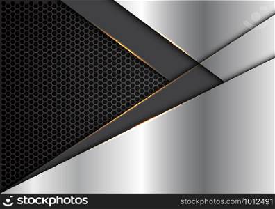 Abstract grey arrow gold light direction on silver with hexagon mesh design modern luxury futuristic background vector illustration