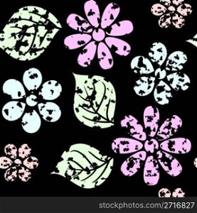 Abstract grunge background with leaf and flowers. Vector illustration. Seamless pattern.