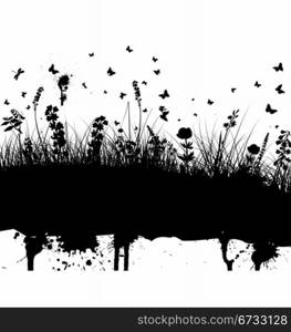 Abstract grunge vector background with grass and flowers