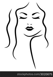 Abstract half turn portrait of young beautiful lady with closed eyes, simple vector outline