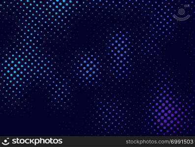 Abstract halftone pattern motion effect with fading dot gradation blue and purple on dark background and texture. Vector illustration