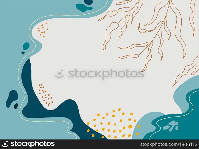Abstract hand drawn blue organic shape with leaves lines on white background. Vector illustration