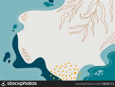 Abstract hand drawn blue organic shape with leaves lines on white background. Vector illustration