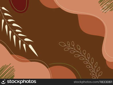 Abstract hand drawn brown organic shape with leaves lines on white background. Vector illustration