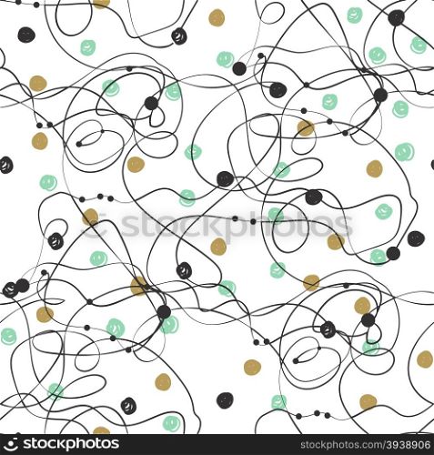 Abstract hand drawn doodle seamless pattern with black, pink and gold dots and lines. Polka dot cute background. Design for paper, wallpaper, textile, fabric, and other progects.