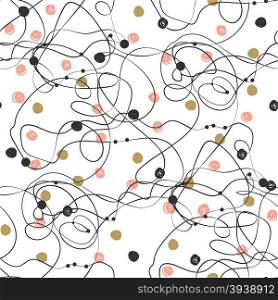 Abstract hand drawn doodle seamless pattern with black, pink and gold dots and lines. Polka dot cute background. Design for paper, wallpaper, textile, fabric, and other progects.