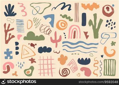 Abstract hand drawn objects mega set in graphic flat design. Bundle elements of different types of colourful children doodle shapes and simple decorative forms. Vector illustration isolated stickers