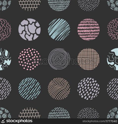 Abstract hand drawn pencil, brush doodle stripes shapes pastel color in circles seamless pattern on black background. Vector illustration