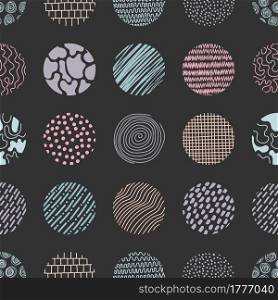 Abstract hand drawn pencil, brush doodle stripes shapes pastel color in circles seamless pattern on black background. Vector illustration