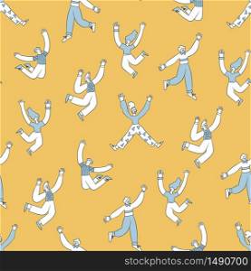 Abstract hand drawn people jumping with raised hands on the yellow background. Seamless anthropomorphic pattern. Vector illustration in doodle style. Abstract hand drawn people jumping with raised hands on the yellow background. Seamless anthropomorphic pattern.