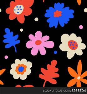 Abstract hand drawn quirky flowers. Colorful floral seamless pattern on a black background