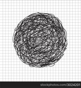 Abstract hand drawn scrawl sketch black color circle tangle, scribble, doodle on grid white background. Vector illustration